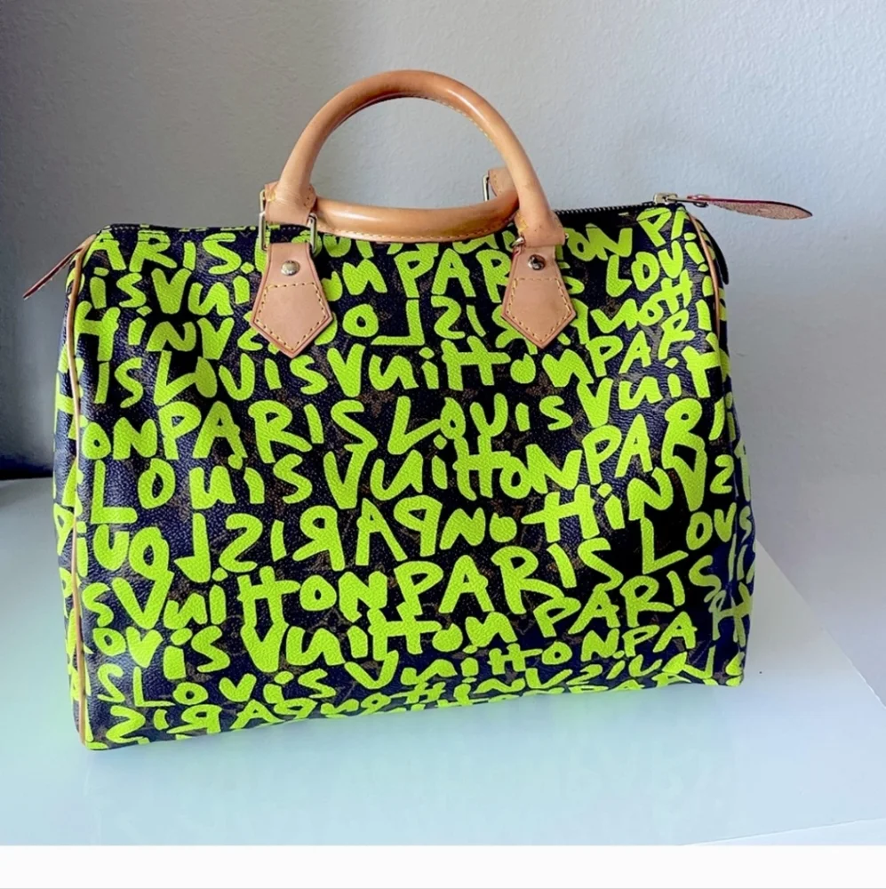 LOUIS VUITTON X Stephen Spriuse Monogram Graffiti Speedy 30 neon green LV bag - Picture 9 of 16